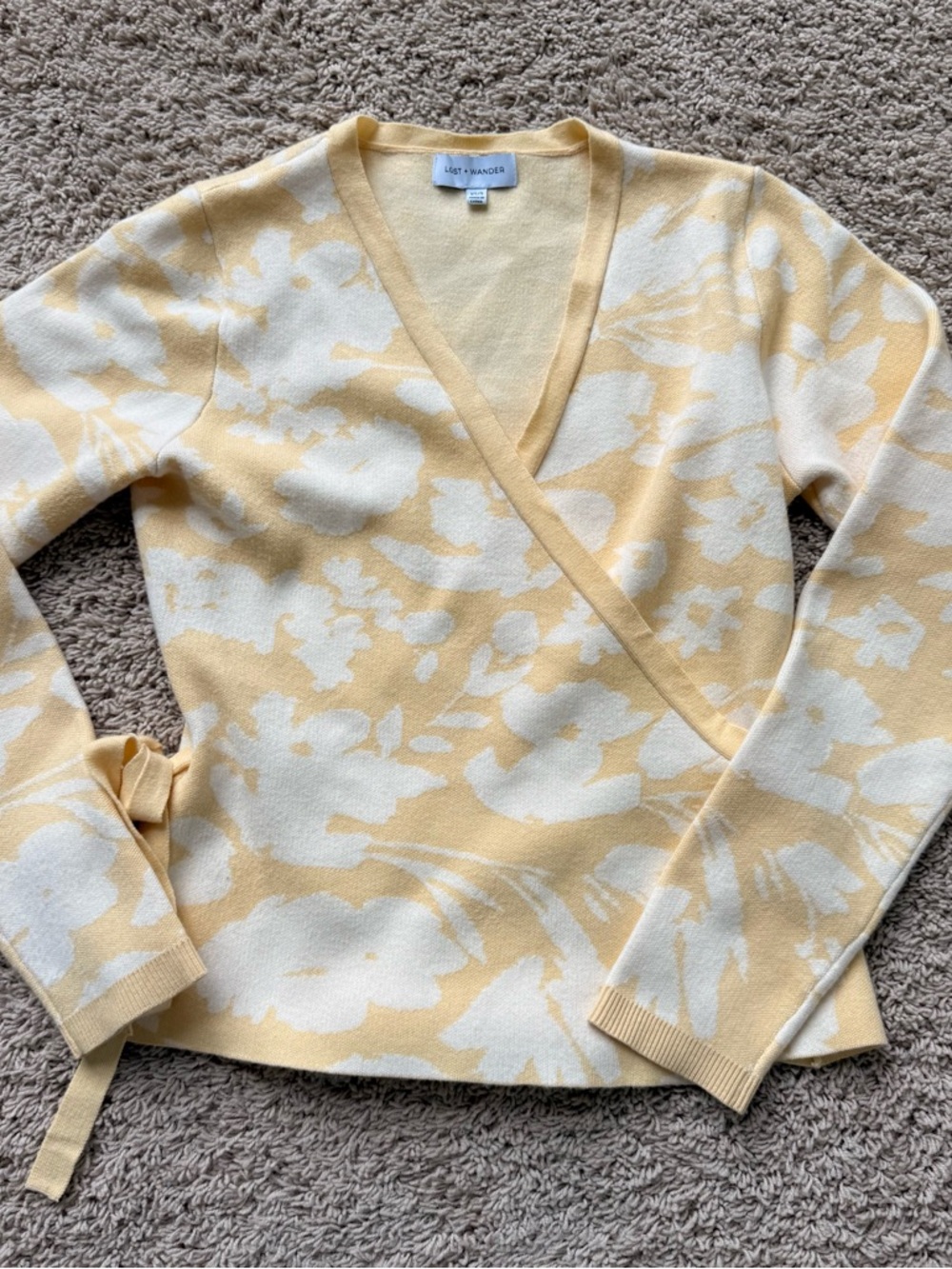 Lost + Wander Yellow and Cream Floral V-Neck Wrap Sweater